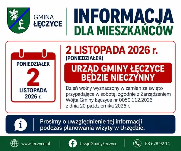 Urząd Gminy Łęczyce nieczynny 9 listopada 2026 – dzień wolny za święto w sobotę