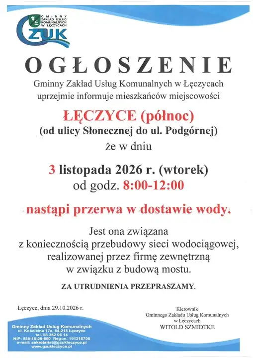 Przerwa w dostawie wody w Łęczycach – 3 listopada